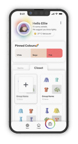 Colourfit mockup: closet screen, showing pinned colors and the user's custom closets.