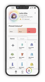Colourfit mockup: closet screen, showing pinned colours and the user's clothing items.
