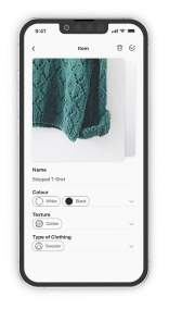 Colourfit mockup: save scanned clothing item screen with colour information and fields to confirm texture and clothing type.